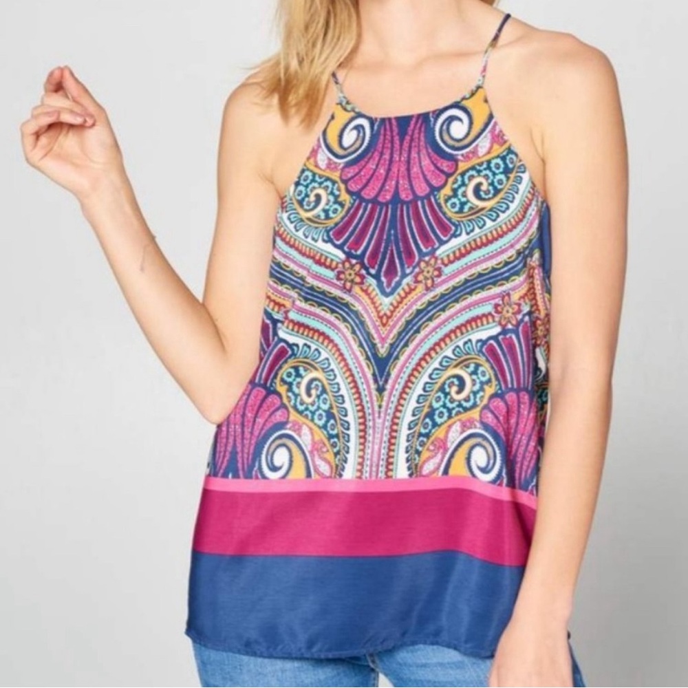 Renee C. silky multicolored printed blouse. Halter neck, racer back SIZE LARGE